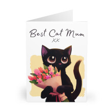 Best Cat Mum - Greeting Card for Black Cat Lovers - Cat Holding a Flower Bouquet