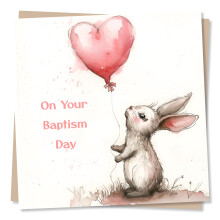 Rabbit Balloon Baptism Card in Pink - On Your Baptism Day - Beautiful - for Girl, Boy, Child, Godchild, Children, Niece, Nephew, Grandson