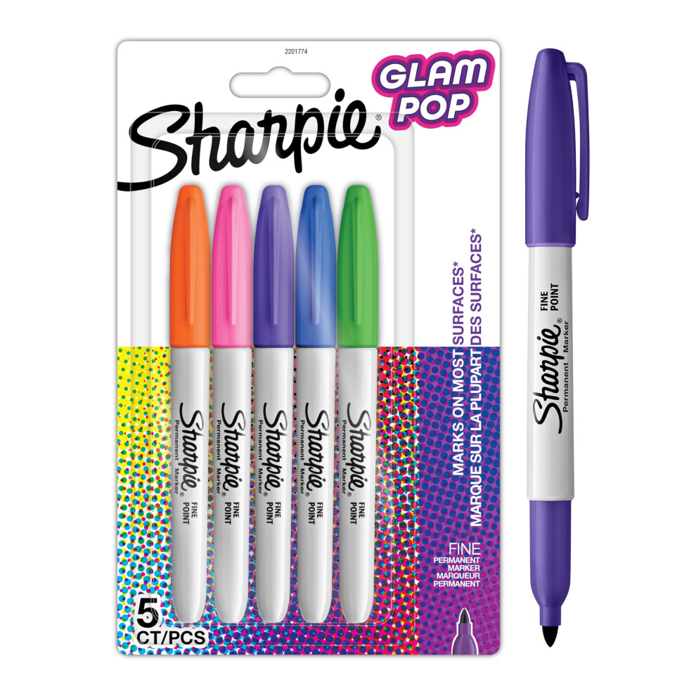 Sharpie Glam Pop Permanent Markers | Fine Point For Bold Details | Assorted Vibrant Colours | 5 Marker Pens