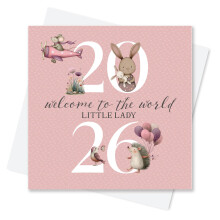 Born In 2026 Card for Baby Girl - Welcome To The World Little Lady Greeting Card Keepsake for Newborn (Woodland Animals Card - 2026, Pink)