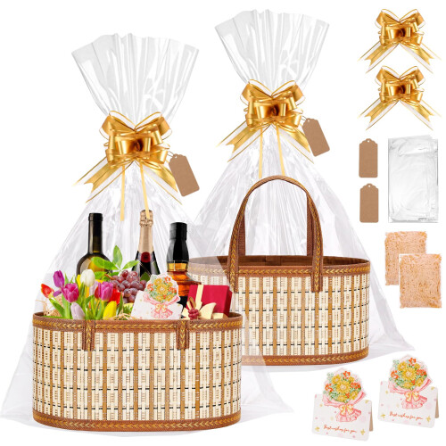 Dreamtop 2 Set Empty Hamper Baskets, Woven Bamboo Gift Basket Hamper Kit with Handles