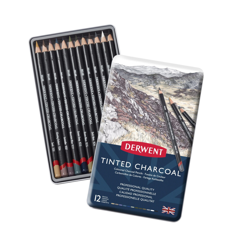 Derwent Tinted Charcoal Drawing Pencils, Set Of 12, Watersoluble, Professional Quality, 2301690