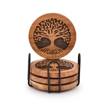 Kimona Coasters Set of 4 Handmade Round Wooden Tree of Life Coasters for Drinks with Iron Holder for Any Table Type for Bar Kitche