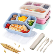 NAJIESUN Snack Box, 4-Pack Lunch Box with Spoon Fork, 5 Compartments, BPA Free, Reusable Lunch Box, Designed for Portion Control,
