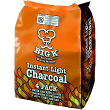 Big K Organic Restaurant Grade Instant Light Lumpwood BBQ Charcoal for Barbecues and Pizza Ovens, 4x 1KG Bags