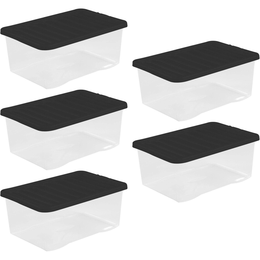 Wham 45 Liter Storage Clear Heavy Duty Plastic Storage Box Boxes With Lids Home Office Stackable Nestable, Set Of 5 Large Storage