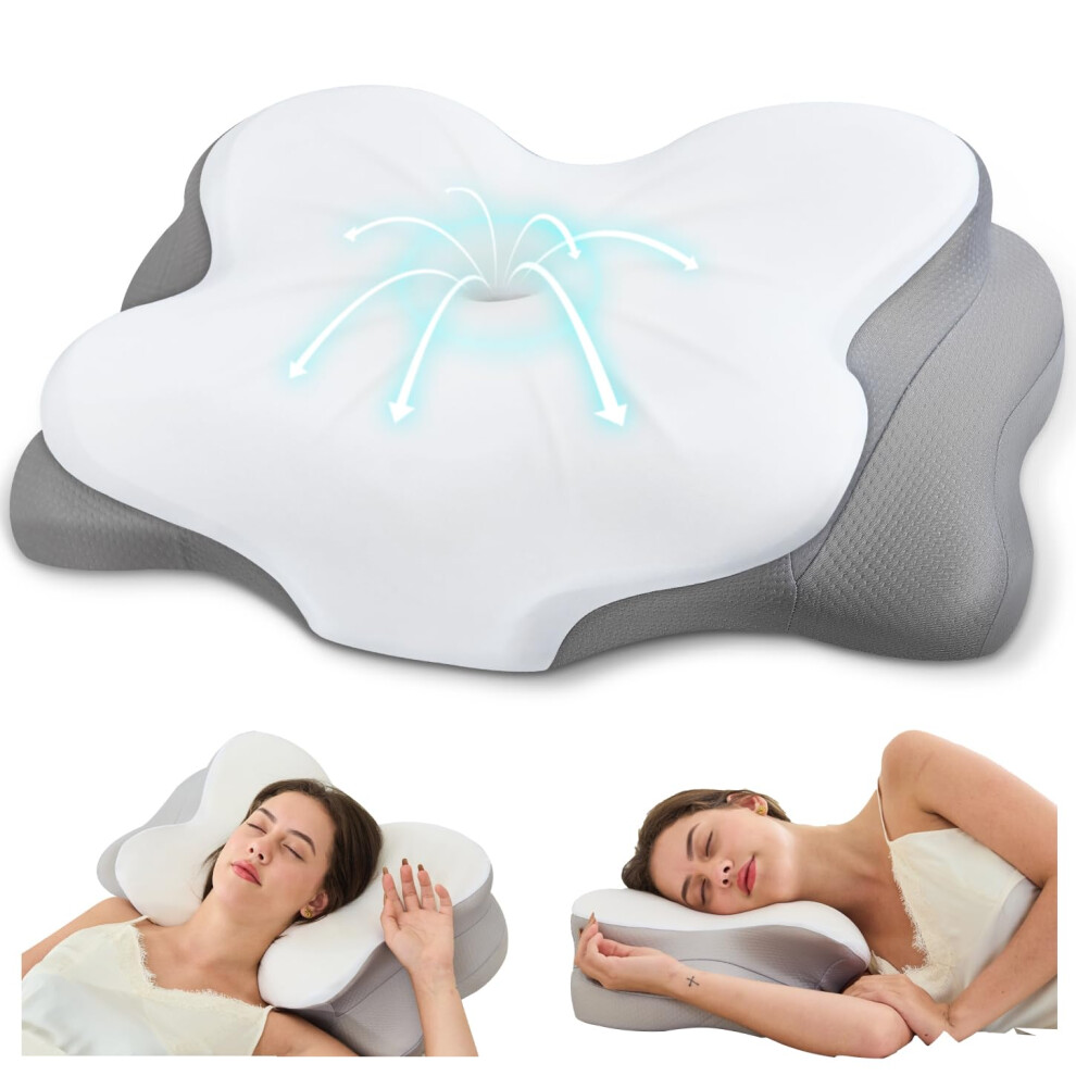 Fyova Cervical Neck Pillow Ergonomic Memory Foam Pillows For Neck Pain Relief Wit
