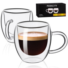 PARACITY Espresso Cups Set of 2 180ml 6OZ, Double Walled Insulated Glass Coffee Mugs, Latte Glasses with Handle, Clear Glass Coffe