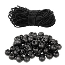 Drawstring Cord 100 Pcs Toggles for Drawstrings and 15m/49ft Black Elastic Cord 2mm Sturdy drawstring toggle and Round Black Elast