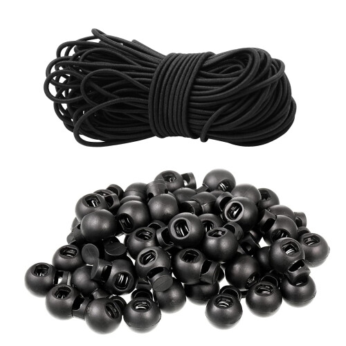 Drawstring Cord 100 Pcs Toggles for Drawstrings and 15m/49ft Black Elastic Cord 2mm Sturdy drawstring toggle and Round Black Elast