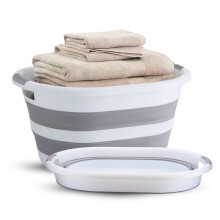 BARGAIN FACTORY 40L Collapsible Plastic Laundry Basket, White & Grey, Foldable Pop Up Storage Container, Space Saving and Portable