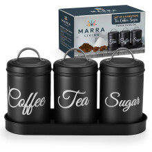 Marra Living - Tea Coffee Sugar Canisters Set of 3 - Airtight Kitchen Storage Jars with Lids and a Coordinating Tray - Metal Canis