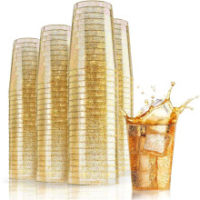 Woobroo 50 Pack Plastic Cups, 285ml/10oz Plastic Party Cups with Gold Glitter Reusable Plastic Glasses, Tumblers, Gold Cups for Dr