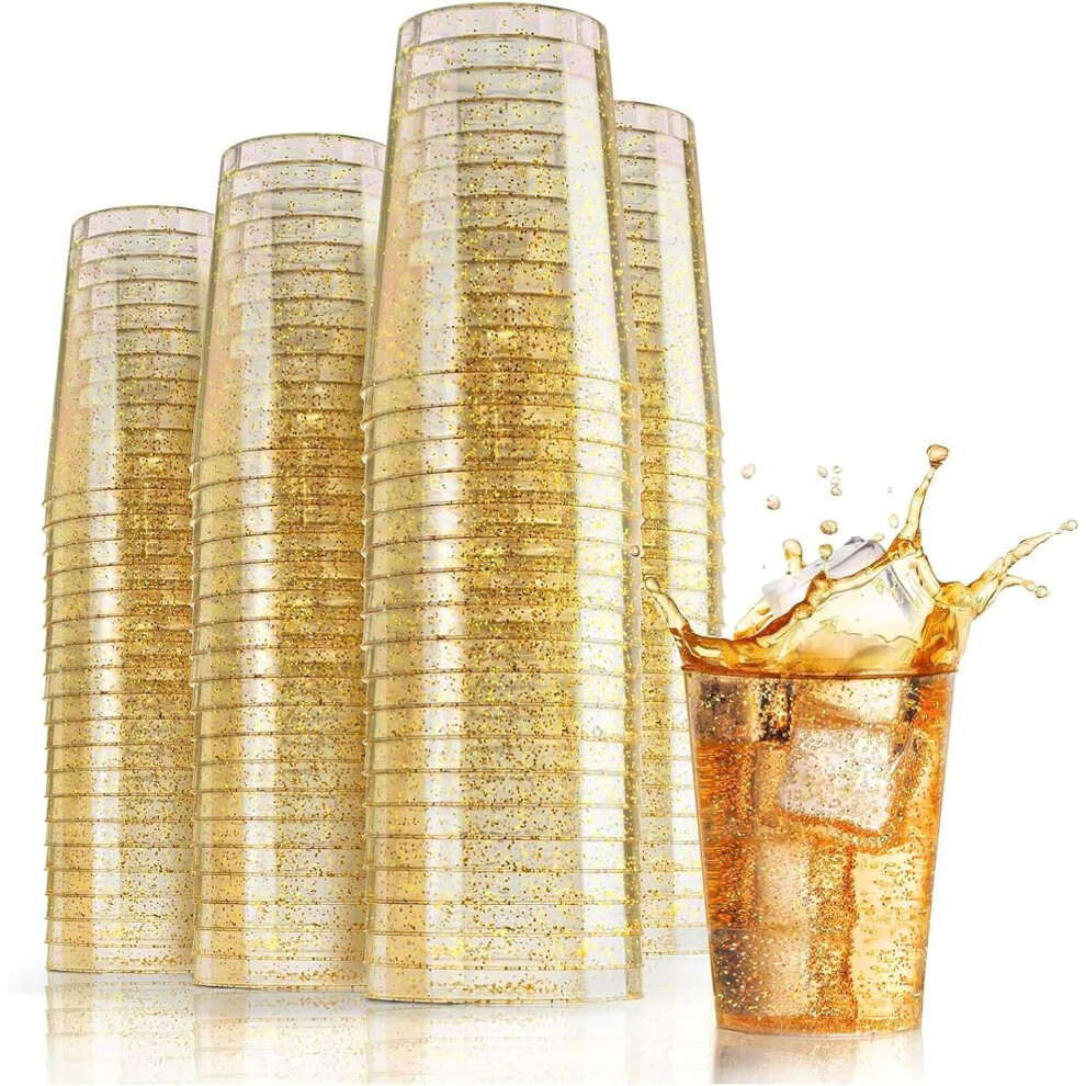 Woobroo 50 Pack Plastic Cups, 285Ml/10Oz Plastic Party Cups With Gold Glitter Reusable Plastic Glasses, Tumblers, Gold Cups For Dr