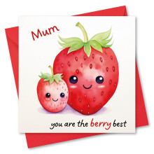 Mother's Day Card. Card for Mum. Cute Strawberries Design. Mothers Day Card with Matching Envelope. Size 150x150mm When Folded.