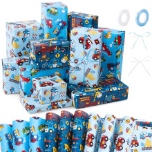 saerryor 9 Sheets Wrapping Paper for Kids Boys,Police Car Fire Trucks Kids Birthday Gift Wrap Set with 2 Rolls Ribbons
