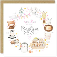 Beau Willows Noah's Ark Baptism Card Cute Jungle Animals Religious Greetings Card for Girl