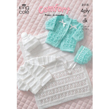 King Cole Baby Coat, Cardigan, Bonnet, Hat & Pram Cover 4 Ply & DK Knitting Pattern 3115 by King Cole