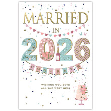 IC&G Congratulations Wedding Card - Married in 2026 - Champagne & Confetti Design - Premium Embossed Metallic Foil Finish