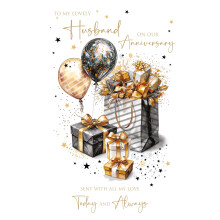 Cherry Orchard | Sylish Husband Anniversary Card | Lovely Husband on Our Anniversary Large Card | Black and Gold Gifts and Balloons | Gold Foil Text