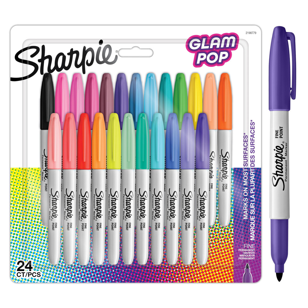 Sharpie Glam Pop Permanent Markers | Fine Point For Bold Details | Assorted Vibrant Colours | 24 Marker Pens