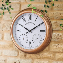 Homezone Large15in Copper Garden Indoor/Outdoor Wall Clock Decorative Fence Ornament Thermometer Barometer Weatherproof Weather S