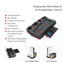 (With game slot) Vertical Stand with Cooling Fan Controller Charging Station with Dual Charger Ports USB HUB For PS5 DE/UHD Console