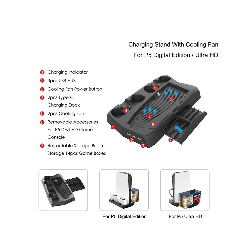 (With Game Slot) Vertical Cooling Stand Cooler Fan Dual Controller Charging Docking Station For Ps5 De/Uhd Console 110691707765