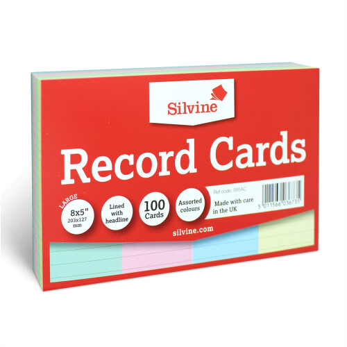 Silvine 8x5 Assorted Colour Flash Cards - Lined (100 Record Cards) 4 Colours for Study, Presentations and Notes