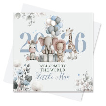 Born In 2026 Card for Baby Boy - Welcome To The World Little Man Greeting Card for Newborn Grandson (Safari Card - 2026, Blue)