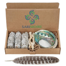 Sarimoire Sage Smudge Kit - White Sage Smudge Sticks - 4in ~ Abalone Shell 5-6in ~ 2in Tripod Stand ~ 9-12in Feather and White San