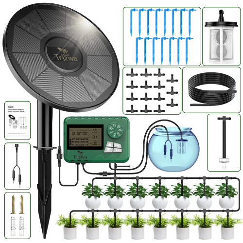 TRJZWA Solar Irrigation System Kit with Early Warning Function,DIY Solar Automatic Drip Irrigation Kits,Programmable Water Timer w