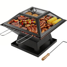 Square Fire Pit with BBQ Grill, Metal Fire Pit BBQ with Mesh Lid & Poker, Outdoor Garden Patio Heater Firepit, Sturdy and Durable Iron Construction -