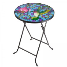 Small Folding Garden Table Glass Hand Painted Hummingbird Circular Foldable Coffee Table for Living Rooms Bistro Patio Tables Glas