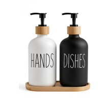 Beautiful Kitchen Hand and Dish Soap Dispenser Set with Wooden Base | Dispenses Dishsoap and Hand Wash Liquid | Black Fortified Gl