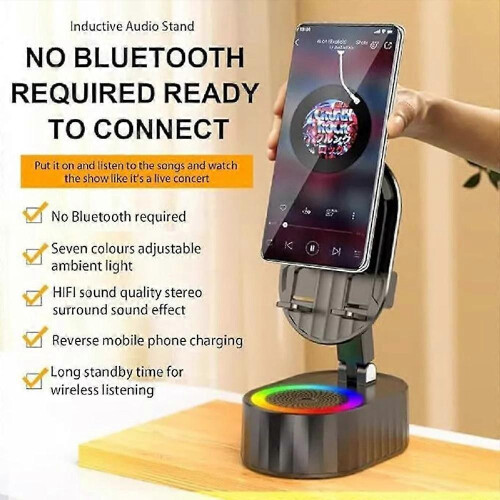 (White) 5 in 1 Mobile Phone Holder Wireless Induction Audio Bluetooth Speaker Phone Holder 1
