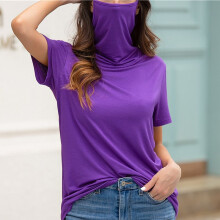 (purple, M) Women's Casual High Collar Turtleneck Loose Short Sleeve T-shirt Top with Face Cover