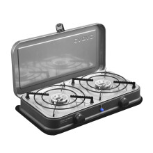CADAC 2 Cook 2 Pro Stove QR, Dual Burner with Piezo Ignition, Grey, Table Top Camping Barbecue with Carry Bag