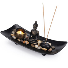 Belle Vous Sitting Buddha Candle and Incense Stick Holder in Zen Garden Tray - Natural Stone Rocks, Tea light Holder and Mini Stat