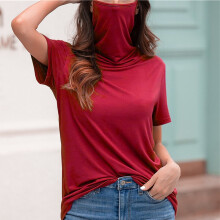 (red, 2XL) Women's Casual High Collar Turtleneck Loose Short Sleeve T-shirt Top with Face Cover