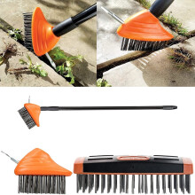 3 in 1 Extendable Telescopic Handle Paving Garden Patio Cleaner Weed Brush Broom Twin Heads Set, Metal Wire, V-Blade Scraping Tool