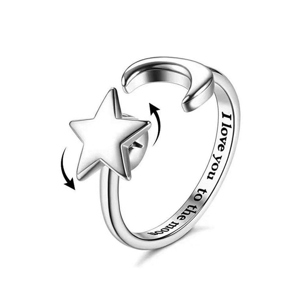 (Silver) Adjustable Opening Spinner Star Moon Ring Relief Anxiety Worry Fidget Meditation