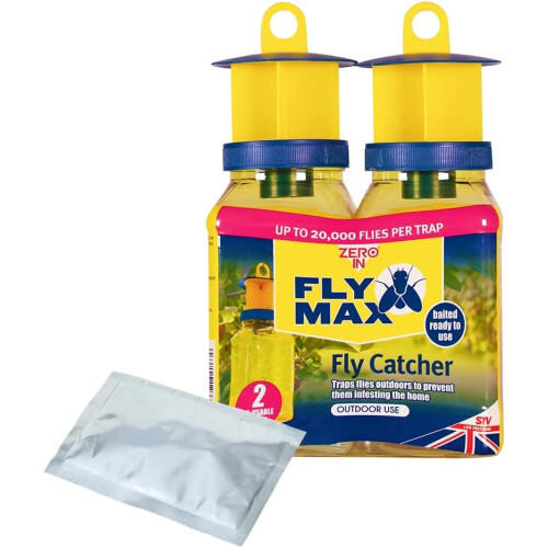Zero In Fly Max Re-Usable Fly Catcher, Twin-pack STV336 with Bait Refill Sachet 3-Pack STV337, Effective Flytrap, Refillable Insec 1