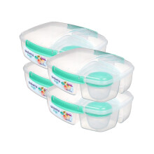Sistema Triple Split TO GO 2L (67.6 oz) Lunch Box - 4-Pack, Turquoise, 3-Compartment with 150ml Yogurt Pot, Leak-Proof, BPA-Free
