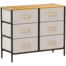 Cream White Fabric Chest of Drawers, Industrial 6-Drawer Dresser with Steel Frame & Wooden Top for Multi-Space Use