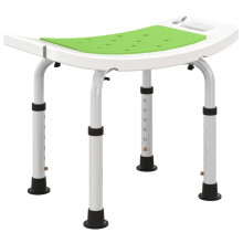 Green 6-level adjustable aluminium shower stool, padded seat with drainage holes and non-slip foot pads.