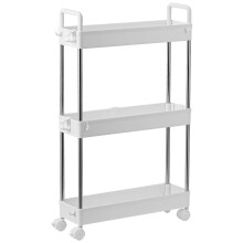 3-Tier Slim Storage Trolley with Slide-Out Rolling Utility Shelf, Plastic & Stainless Steel (White)