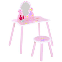 Pink Wooden Kids Dressing Table & Stool with Mirror, Girls Makeup Play Set