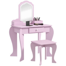 Kids Vanity Table with Mirror, Stool, Drawer, Storage Boxes, Cloud Design, for Ages 3-6 Years - Pink