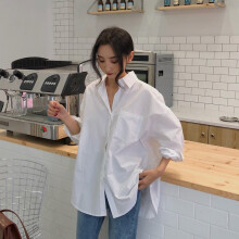 (White, S) Women's Casual Solid Color Long-Sleeved Retro Loose Shirts Button Down Blouse